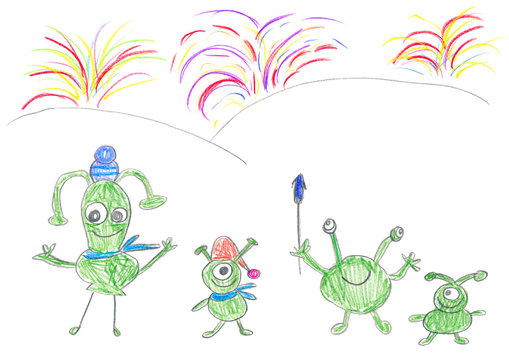 Child's drawing of Aliens celebrating happy New Year.
