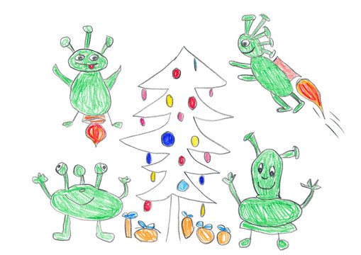 Child's drawing of Aliens celebrating Christmas.