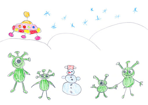 Child's drawing of alien landing on Earth in winter.