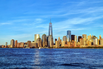 New York City skyline in warm light at sunset