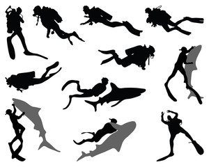 Black silhouettes of divers and sharks, vector
