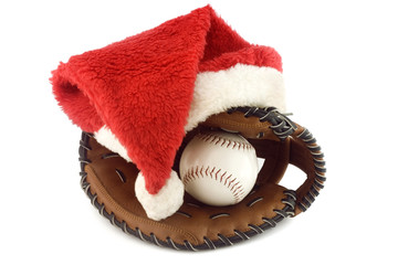 Baseball and mitt, with santa claus hat