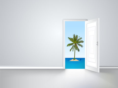 Door to island view behind an open door concept