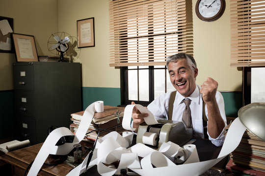 Vintage accountant giving good news