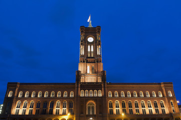 Night view of Red City Hall (Rotes Rathaus) in Berlin, Germany