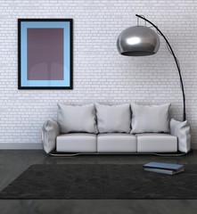 3D rendered image of a home interior with blank frame