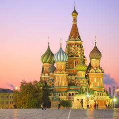 Fototapeta na wymiar Cityscape with the image of night St. Basil Cathedral in Moscow