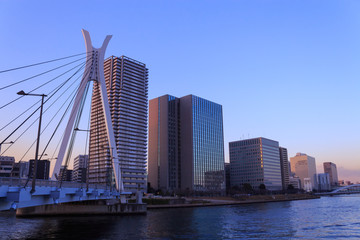 Obraz premium Chuo ohashi bridge and Skyscraper in Tokyo at dusk