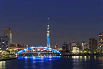 Eitai bridge and Skyscraper in Tokyo at dusk