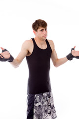 model isolated on plain background puzzled confused lost