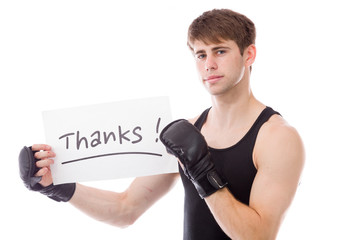 model isolated on white holding a sign