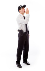 model isolated on plain background calling shouting