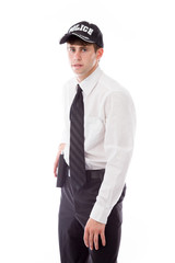 model isolated on white policeman with gun