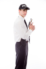 model isolated on white policeman with gun