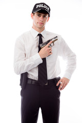 model isolated on white policeman with gun