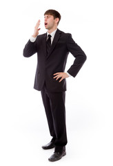 model isolated on plain background tired bored yawning