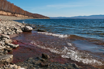 Fototapeta na wymiar rocky shore of the lake in late autumn