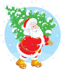 Santa carrying a Christmas tree