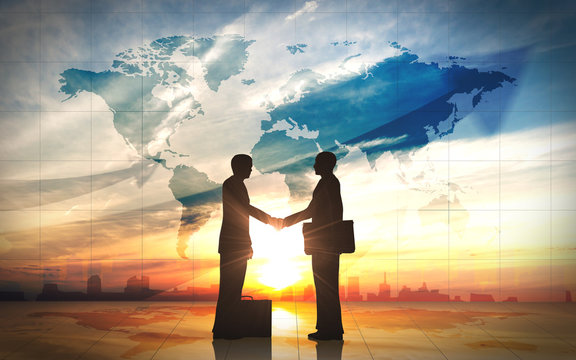 Two business man shake hand silhouettes city with world maps