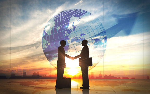 Two business man shake hand silhouettes city with global
