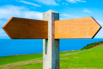 Blank wooden signpost with two arrows over clear blue sky
