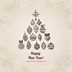 Fototapeta premium Christmas tree decorations set handdrawn style postcard template