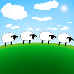 Landscape with sheep on the meadow. Raster