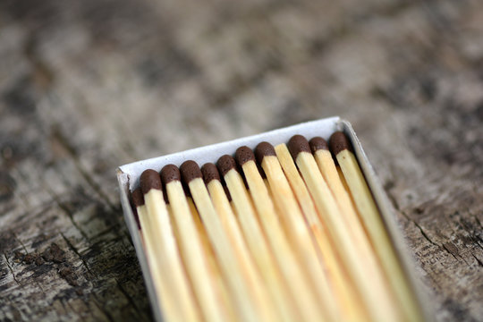 wooden matches in a box, close up