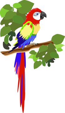 Macaw parrot sitting on a branch with leaves