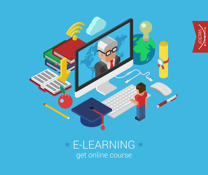 Online education course e-learning flat 3d isometric concept