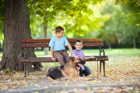 children in the park with a German Shepherd