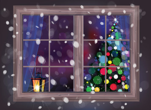 Vector winter night scene of window with Christmas tree and lant