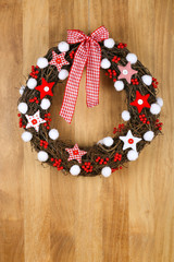 Decorated Christmas Door Wreath Red White Cloth Stars and Gingha