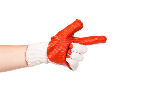 Hand in protective glove showing direction