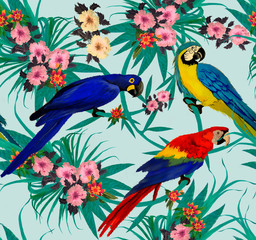 Seamless pattern with macaws sitting on branches. Hand drawn