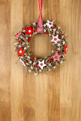 Decorated Christmas Door Wreath Red White Cloth Stars on Sapele