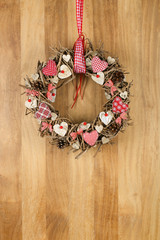 Decorated Christmas Wreath Red White Cloth Hearts on Sapele Wood