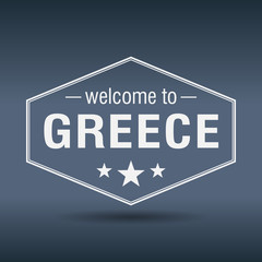 welcome to Greece hexagonal white vintage label