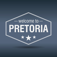 welcome to Pretoria hexagonal white vintage label