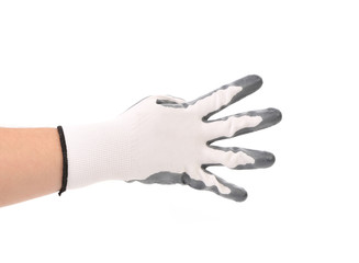 Hand in glove showing four.