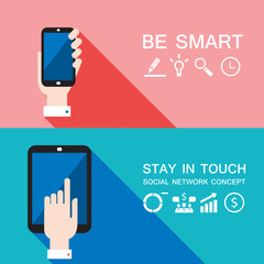 Hand holding smart phone and tablet. Social network