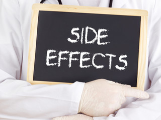 Doctor shows information on blackboard: side effects - obrazy, fototapety, plakaty
