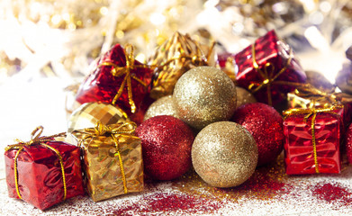 Christmas Glitter Golden and Red Balls and Gift Decoration