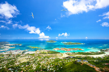 Aerial view of Mahe coastline, Seychelles - obrazy, fototapety, plakaty