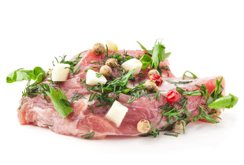 Small piece of raw meat with spices