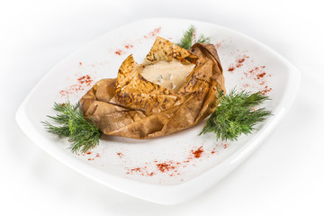 mushroom in sauce in potato skins