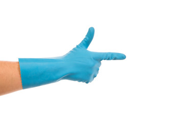 Blue glove on hand.