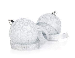 Silver christmas baubles with ribbon