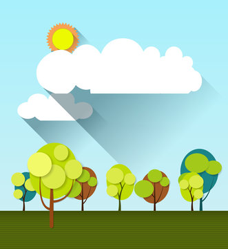 Paper spring tree with sun and white cloud