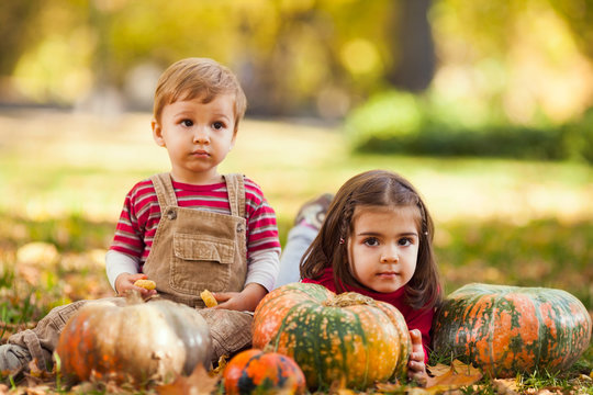 Two cute little children enjoying beautiful autumn day in a park